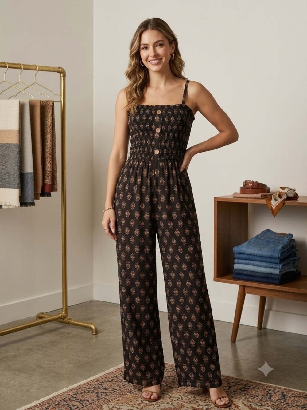 Liberty Love Black Floral Button-Front Smocked Wide-Leg Jumpsuit